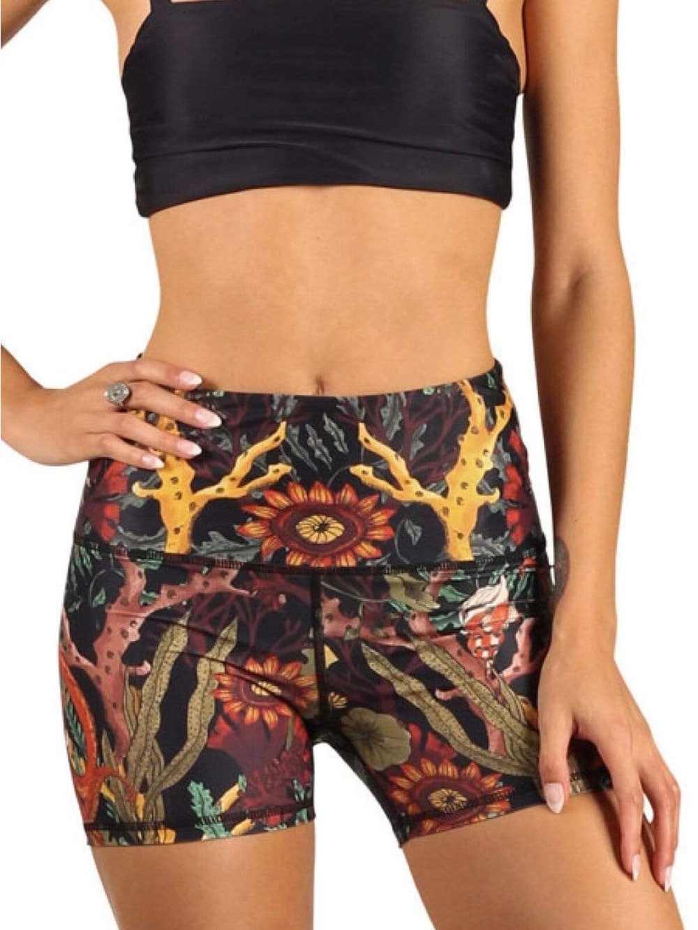 YOGA DEMOCRACY High-Waist Floral Coral Print Shorts — Black Multi
